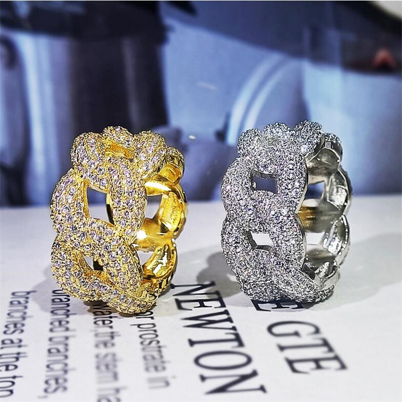 2021 Hip Hop Sparkling Luxury Jewelry Wedding Rings 925 Sterling Silver 18K Gold Fill Pave White Sapphire CZ Diamond Party Cuba Chain Women Engagement