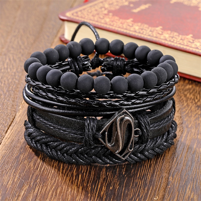 IFMIA Vintage Bla Bead Bracelets For Men Fashion Hollow Triangle Leather Bracelet & Bangles Multilayer Wide Wrap Jewelry 2021