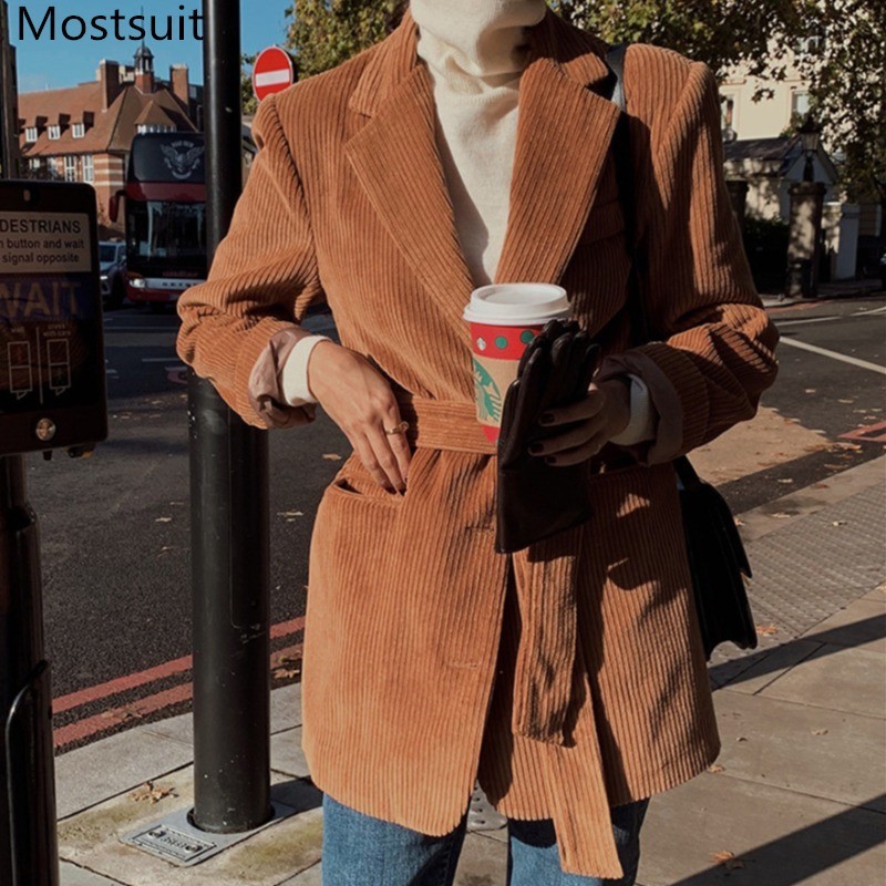 Corduroy Single-breasted Belted Women Blazer Winter Long Sleeve Notched Collar Chic Korean Vintage Female Jacket Coat Femme 210518, Camel
Corduroy Single-breasted Belted Women Blazer Winter Long Sleeve Notched Collar Chic Korean Vintage Female Jacket Coat Femme 210518, Camel