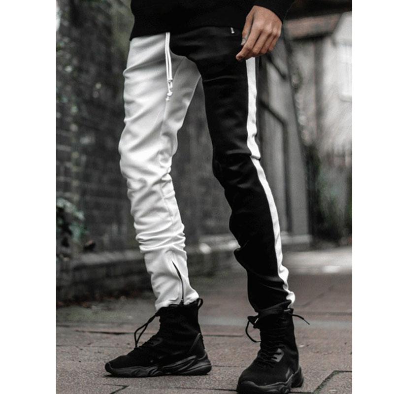Fashion Drawstring Patchwork Two Color Mens Casual Pencil Pants Streetwear Men Slim Fit Jogger Zipper Elastic Waist Trousers Men's