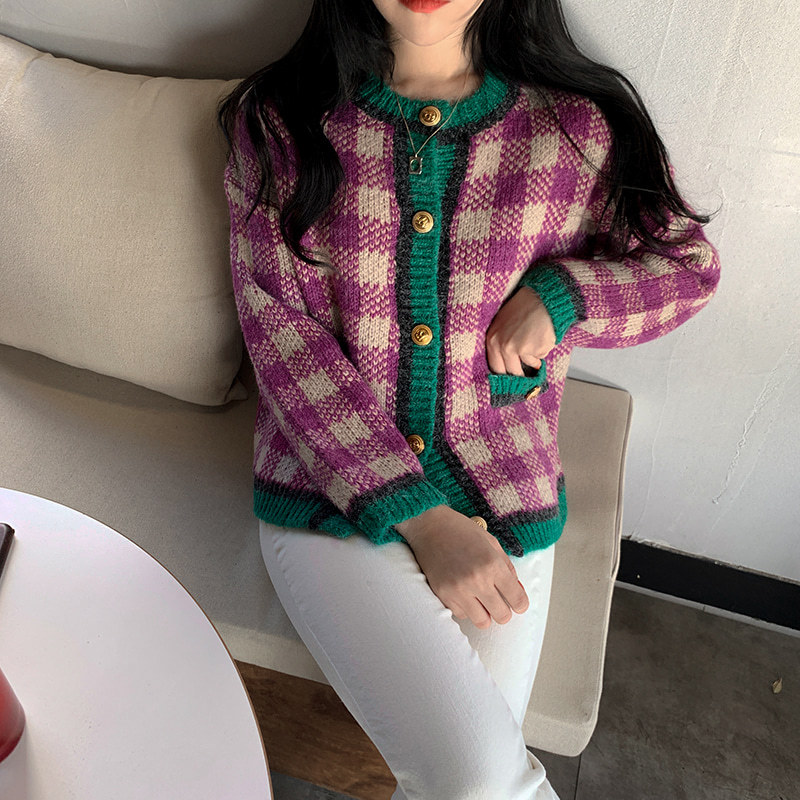 Korean Autumn Winter Knitted Sweaters Lady Vintage Plaid Knit Cardigan Female Fashion Sweater Coat for Women Clothing 210506