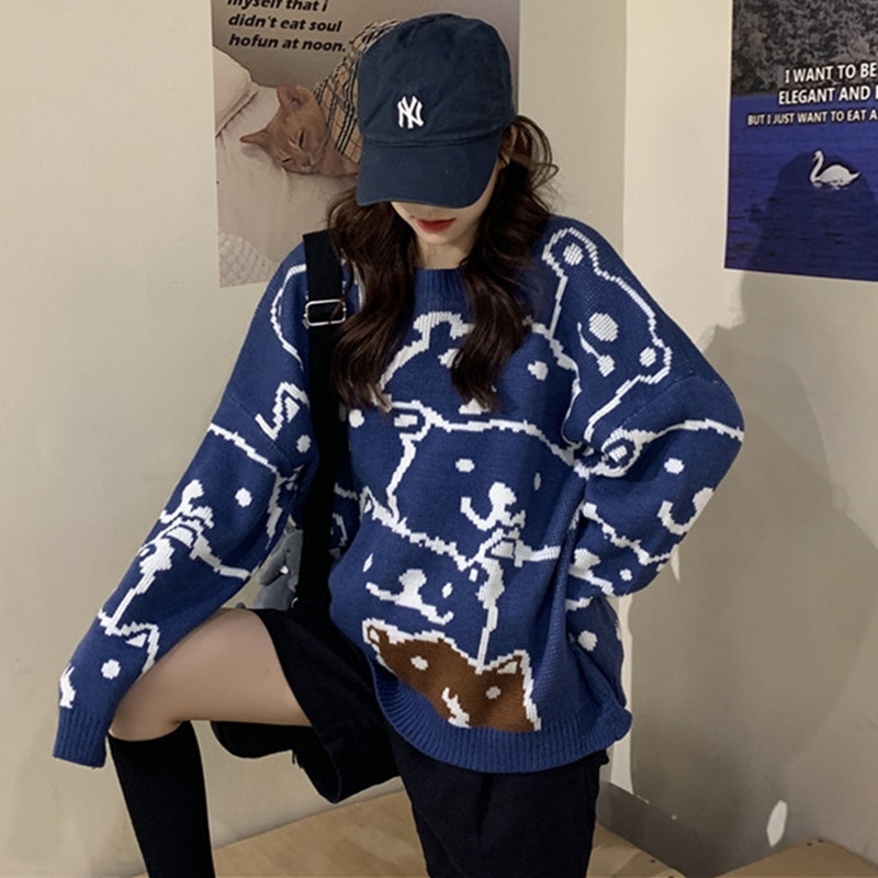 Spring Autumn Cartoon Bear Print Sweater Women Japanse Korean Pullover Kawaii Loose Casual Streetwear Tops 25943 210519