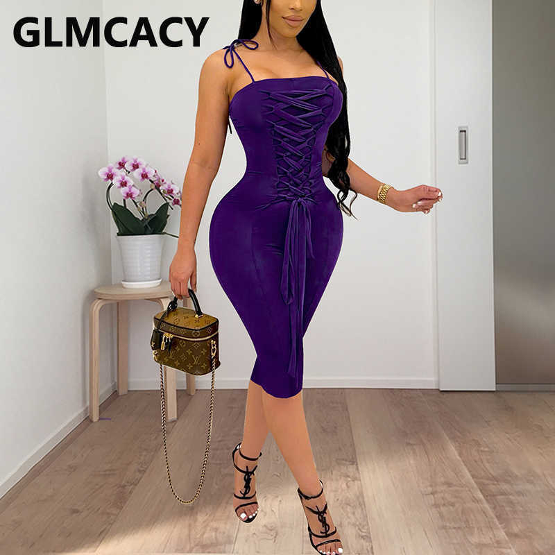 Spaghetti Strap Lace Up Front Slim Bodycon Midi Dress 210702