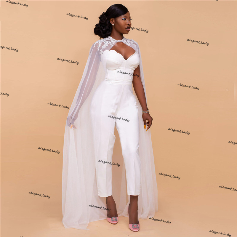 African Wedding Dresses 2021 Bridal Jumpsuits with Cape Sweetheart Bride Reception Jumpsuit Women Pant Suits Vestido De Noiva