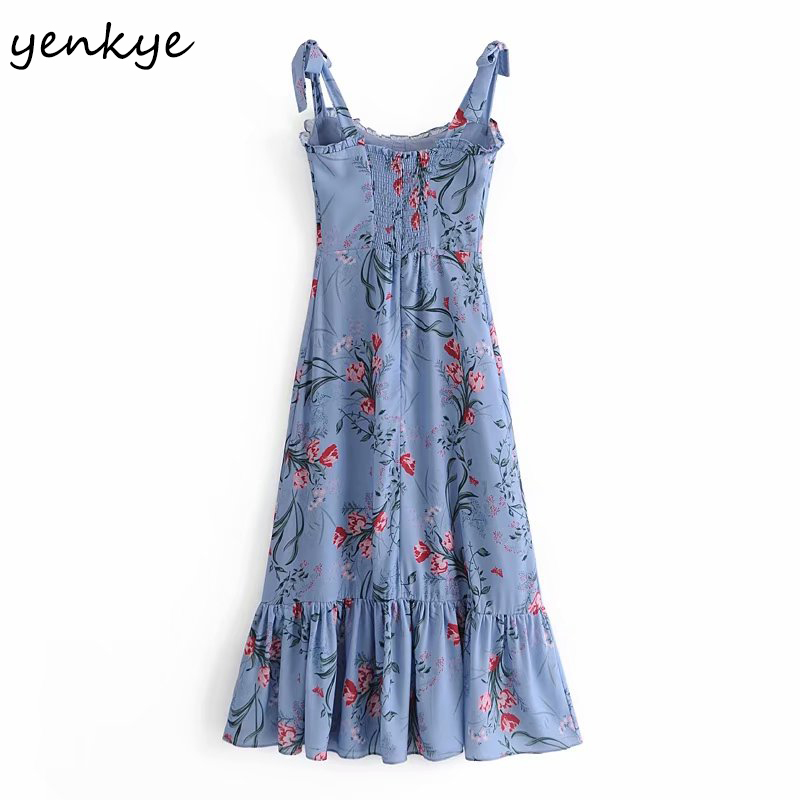 YENKYE Vintage Prairie Chic Floral Print Summer Dress Women Sexy Sleeveless Ruffle A-line Elegant Party Dress Chiffon Vestido 210515