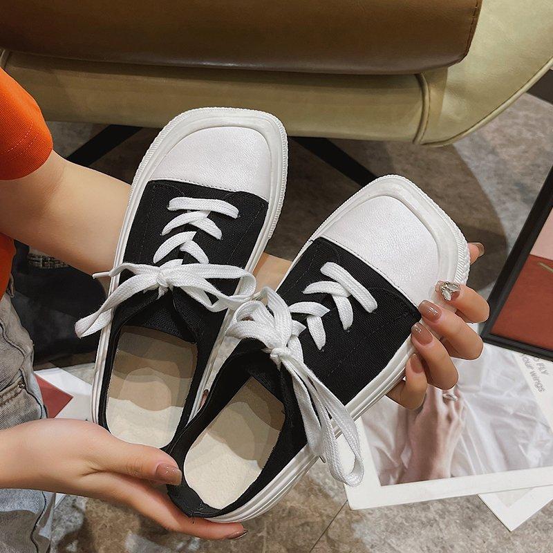 Slippers Spring And Summer Style All-Match Thick-Soled Baotou Canvas Half Fashion Women's For Outer Wear, Brown