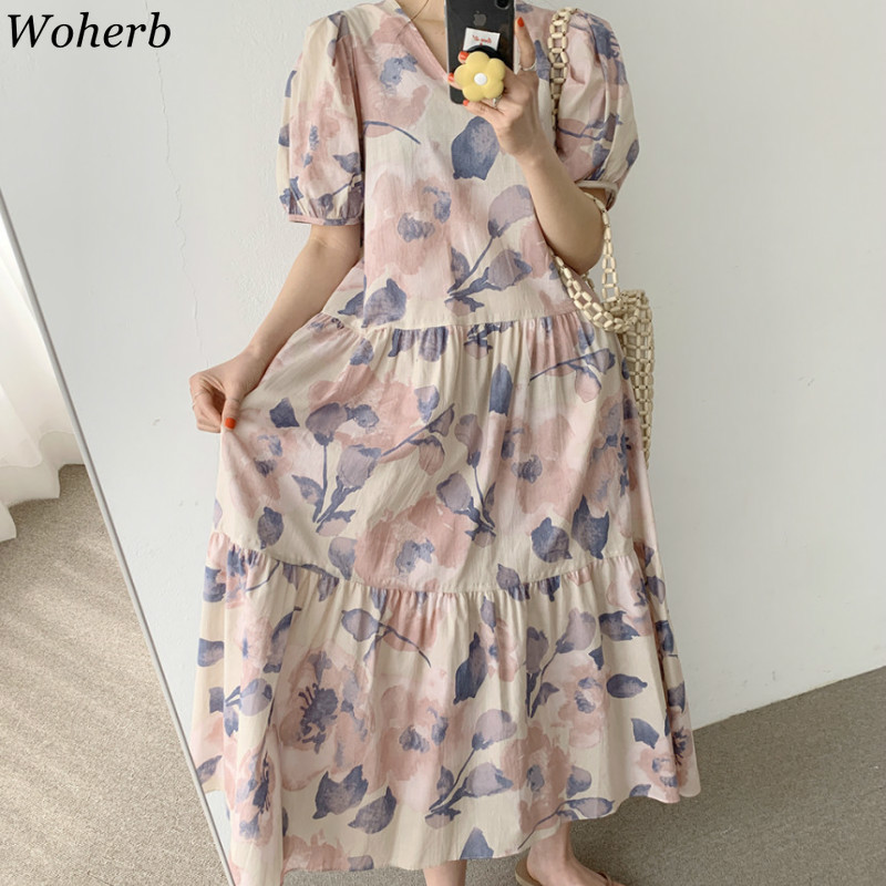 Vintage Woman Dress V Neck Women Summer Maxi Dresses Holiday Beach Korean Robe Female Flower Chiffon Vestidos Mujer 210519