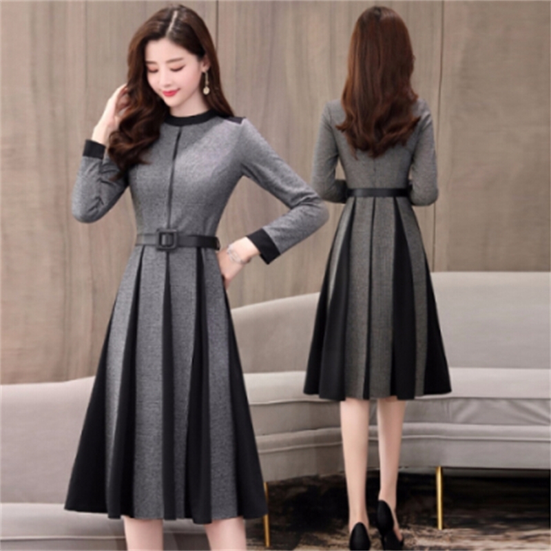 Autumn And Winter women Long sleeve party Dress Tweed Patchwork Vintage Dresses vestidos Free belt 210520