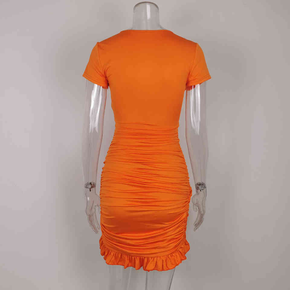 Karlofea New Summer Orange Everyday Wear Mini Dress Sexy High Cut Hollow Out Lace Up Ruched Wrap Dress Chic Ruffles Outfits 210331Z