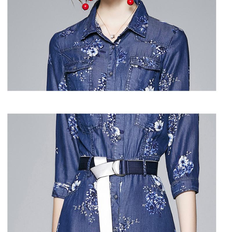 Women Summer Denim Dress Retro Floral Print Casual Long Jeans Shirt High Quality Fashion Soft Robe Femme 2021 Dresses