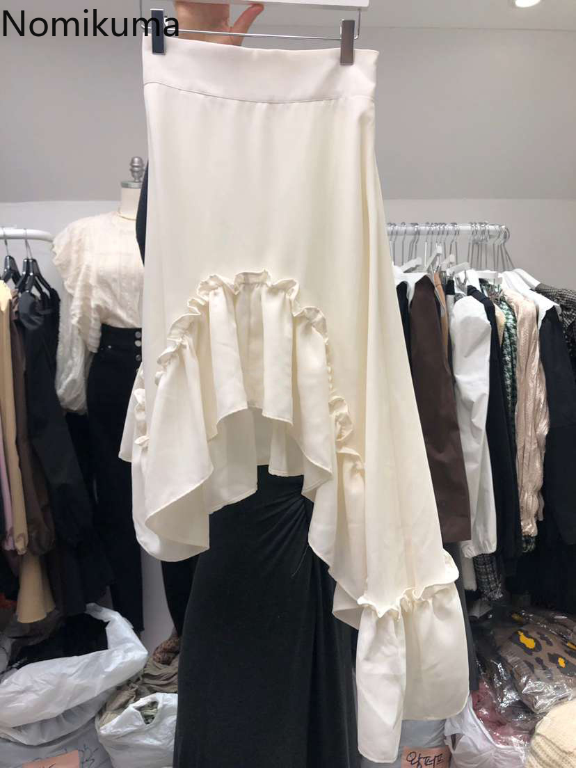 Nomikuma Spring New Women Skirt Causal Irregular Ruffle Patchwork Skirts High Waist Fashion Elegant Faldas Mujer 6E011 210427