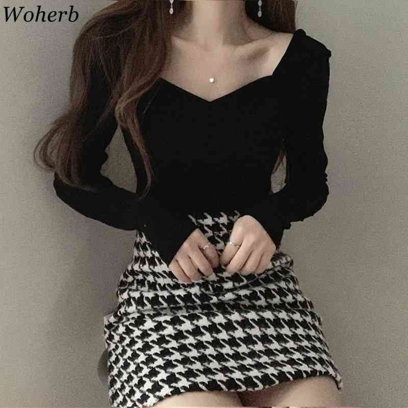 Sexy Lady Woman Tshirts Square Collar Slim Shirt Elegant Chic Pullovers Tees Spring Simple Long-sleeve White Tops Female 210519
