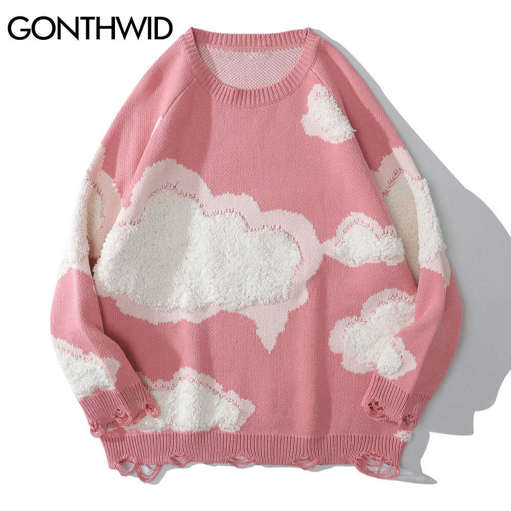 GONTHWID Knitwear Sweater Women Harajuku Hip Hop Streetwear Knitted Cloud Ripped Holes Casual Kawaii Loose Pullover Jumpers Tops 211008