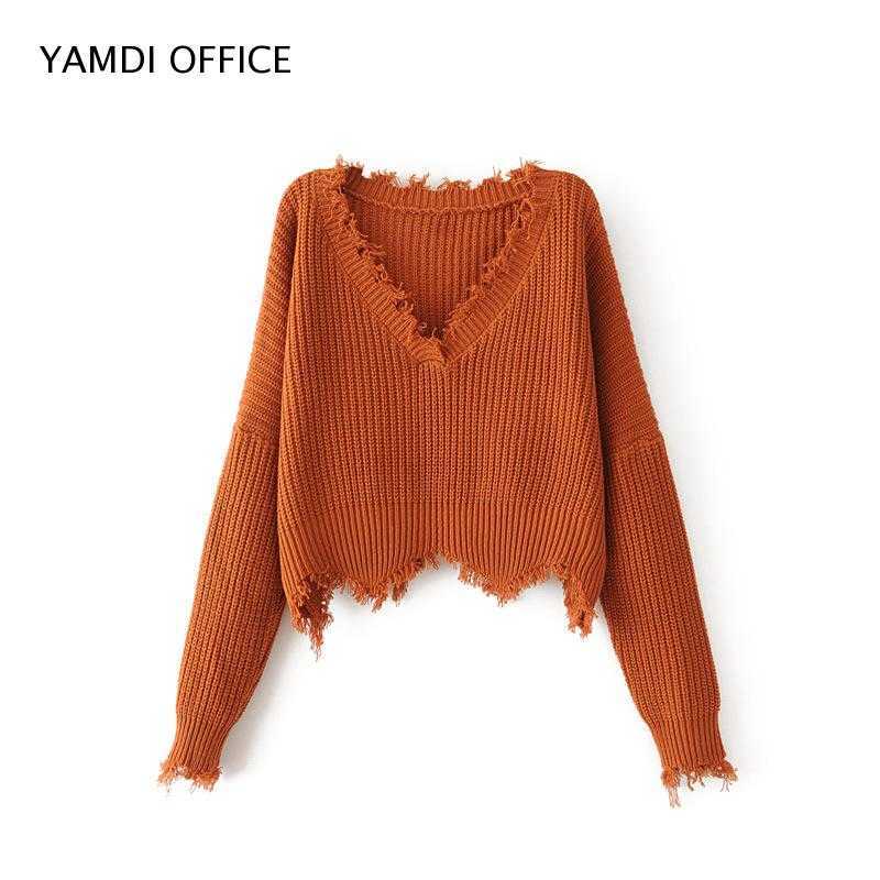 YAMDI women tassel sweater autumn winter solid orange white black sweaters cropped jumpers v neck sexy knitted pullover 211007