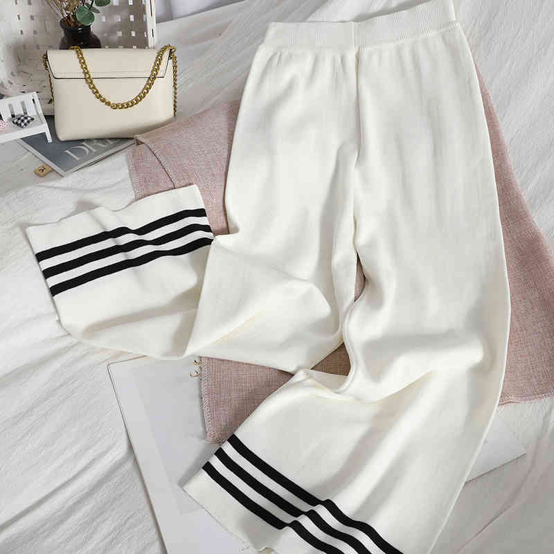 Spring women's Knitted Tracksuit 2 Pieces Set Fashion O-Neck Long Sleeve Women Cardigan Sweater+ Wide Leg Pant Suits 210518