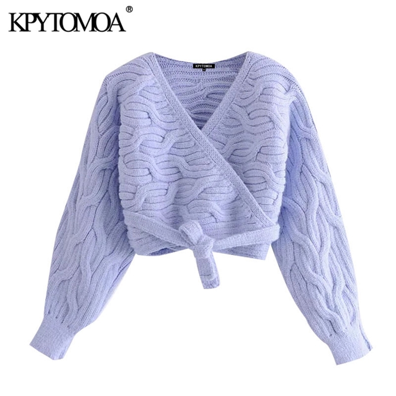 Women Fashion With Bow Tied Cropped Wrap Cable-knit Cardigan Sweater Long Sleeve Female Outerwear Chic Top 210420