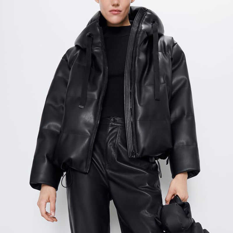 LY VAREY LIN Winter Women Faux Leather Padded Hooded Coat Thick Warm PU Zipper Loose Oversized Jacket Casual Windbreak Outwear 210526