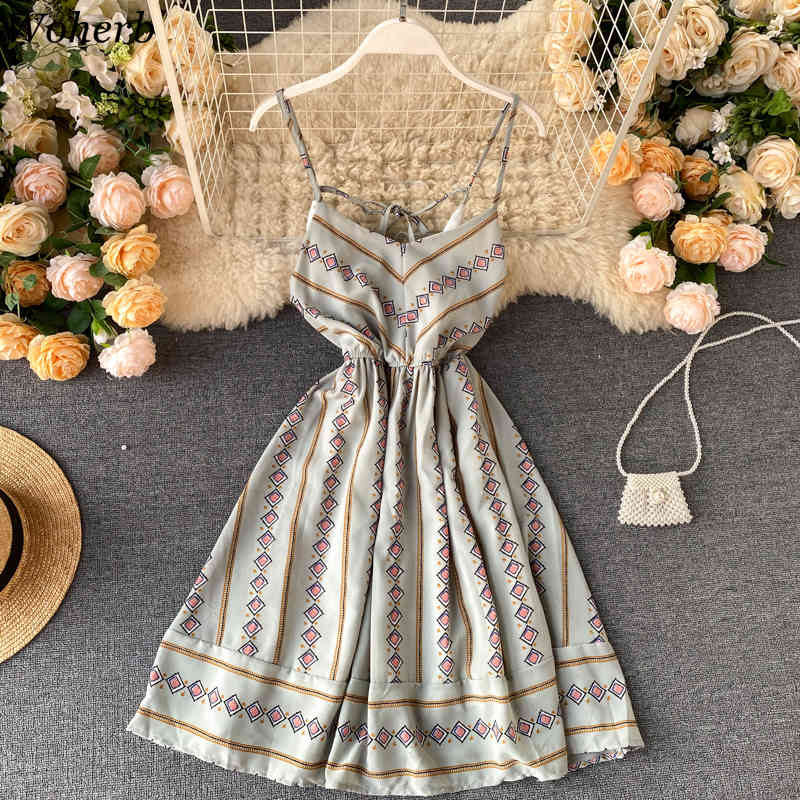 Sexy V-neck Backless Floral Print Vestidos Slim Waist Chiffon Dress Women Summer A-line Spaghetti Strap Dresses 25753 210519