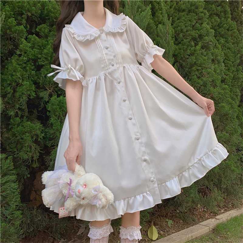 Japanese Sweet Girl Lolita Drees Kawaii Peter Pan Collar Cute Ruffle Puff Sleeve Solid Color Elegant Retro Lady 210623
