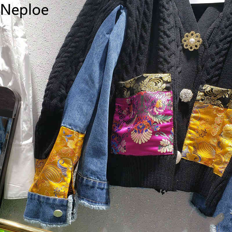 Neploe New Arrival Knitted Cardigan Chinese Style Patchwork Cowboy Sweaters Women Chic Embroidery Loose Sueter Coat 94552 210422