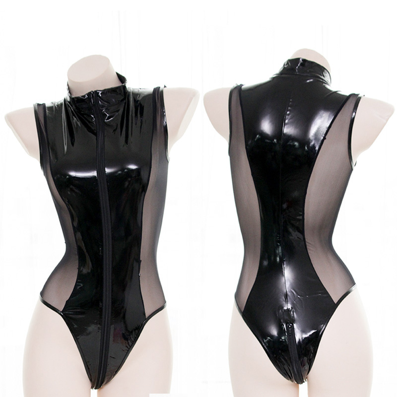 Sexy Lingerie Anime Sous-vêtements Babydoll Latex PU Cuir Voile Citrine Zipper Sans Cuisse En Encaje Body Lingerie Teddy Maillot de bain