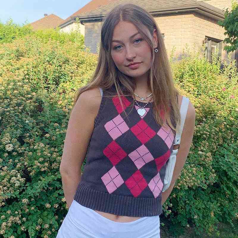 Preppy Style Purple Argyle Plaid Knitted Sweater Vest Women 90's Vintage Korean Clothing Striped V Neck Tank Top Y2K Knitwear 210429