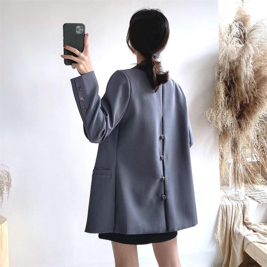 OL Notched Vintage Solid Double Breasted Blazer Coat Autumn Formal Chain Decoration Women Blazers Suit Jacket 210421