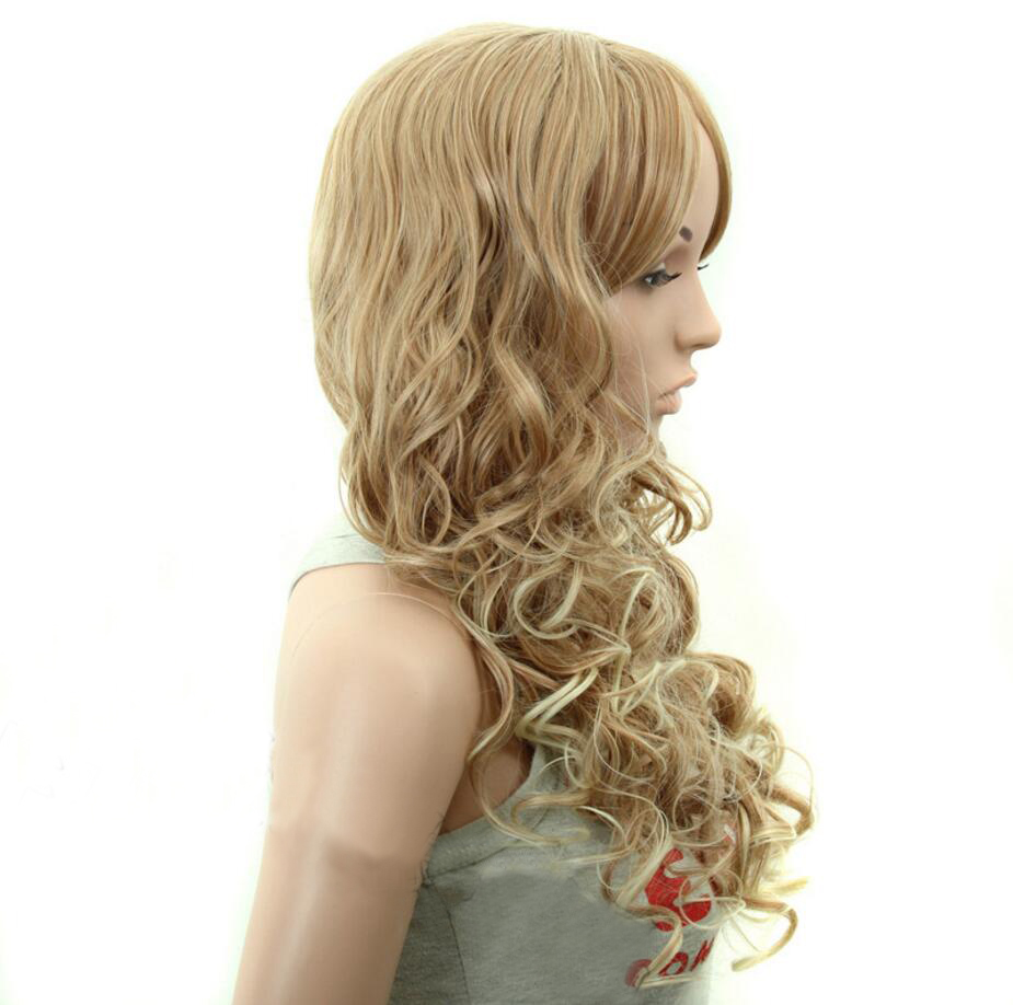 New Fashion Long Curly Blond Highlighted Brown Synthetic wig with Qi Bangs women's Hair wigs for life Cosplay