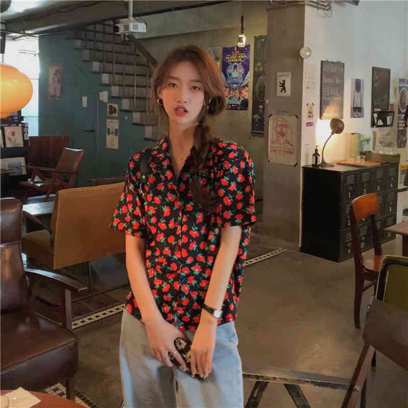 korean style Floral short sleeve blouse women Notched Collar Chiffon blouses loose summer tops (K8130) 210423