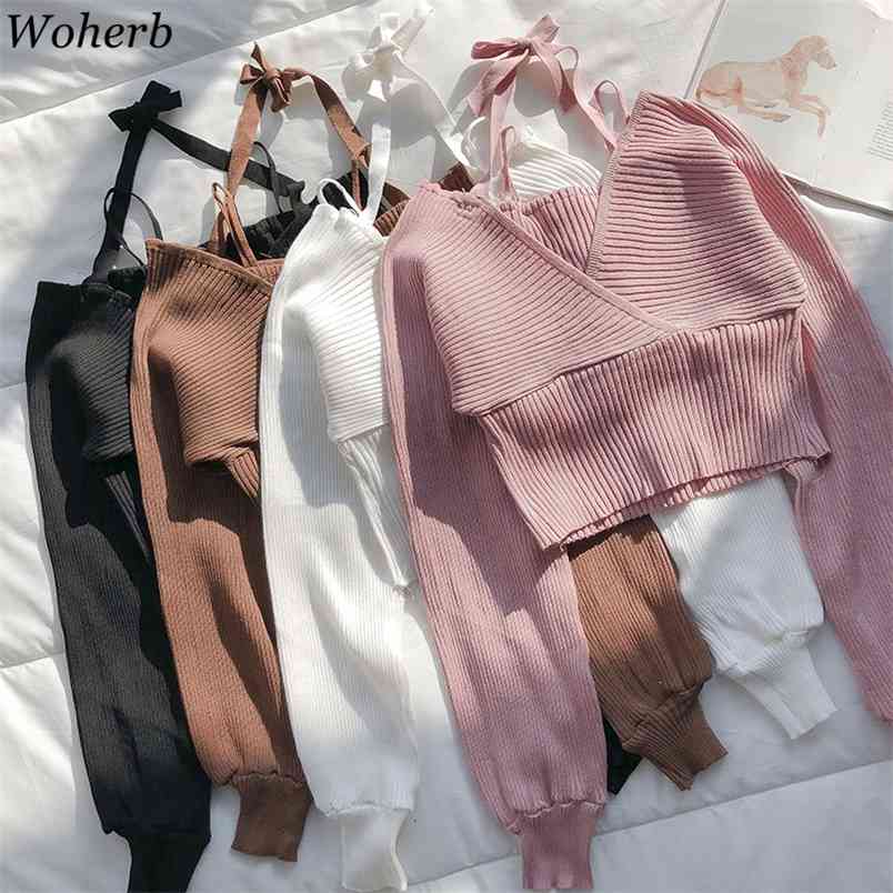 Woman Sweaters Chic Korean Crop Tops Sexy Lady Knitted Cropped Pullovers V-neck Lace Up Jumper Slim Fit Sueter Coat 4G625 210519