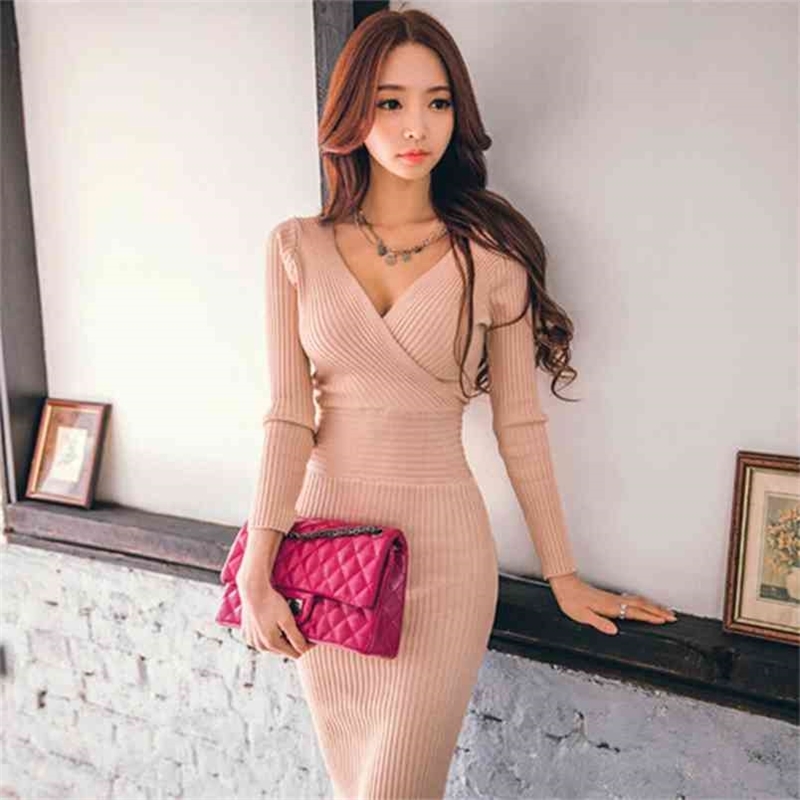 Autumn Women high quality elastic knitting dresses fashion Long sleeve V-Neck Slim Pencil dress 210603, Picture color
Autumn Women high quality elastic knitting dresses fashion Long sleeve V-Neck Slim Pencil dress 210603, Picture color