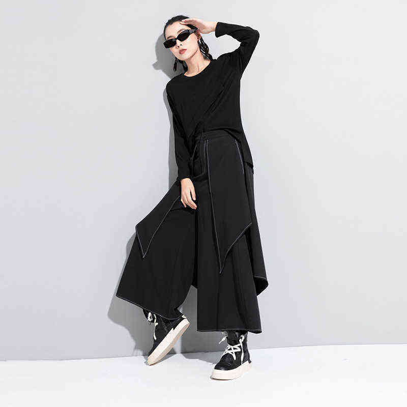 High Waist Black Linen Split Joint Long Wide Leg Trousers Loose Fit Pants Women Fashion Spring Autumn 1DA613 211115