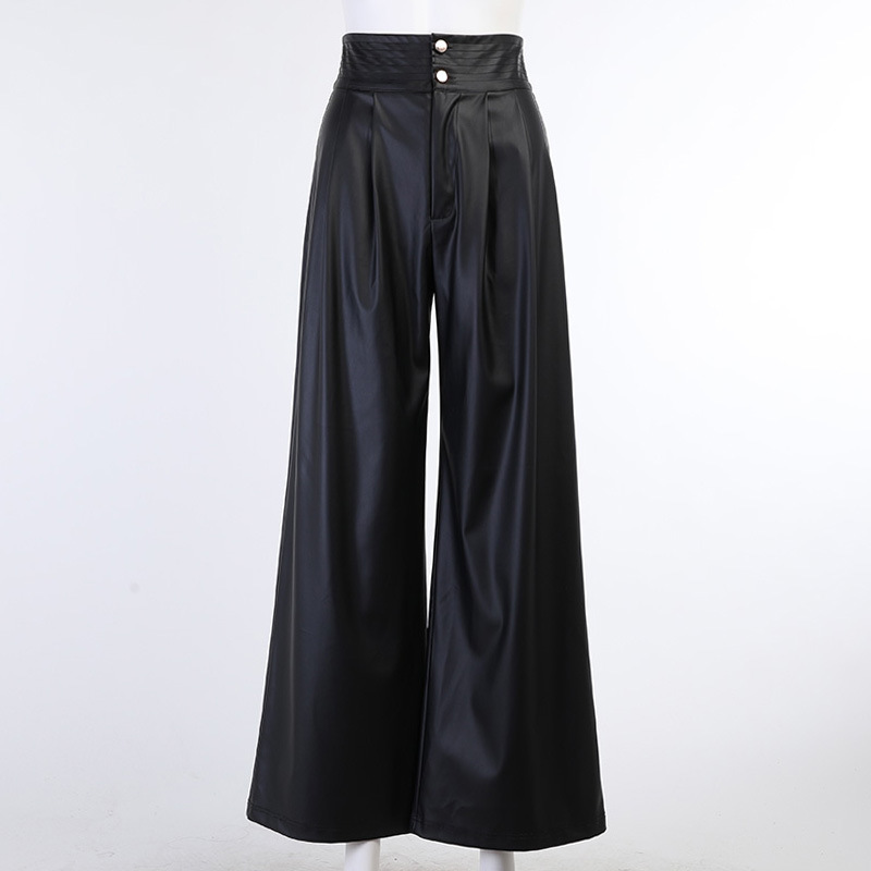 Women Pants Capris High Waisted PU Leather Trousers Black Wide Leg Loose Long Ladies 210513