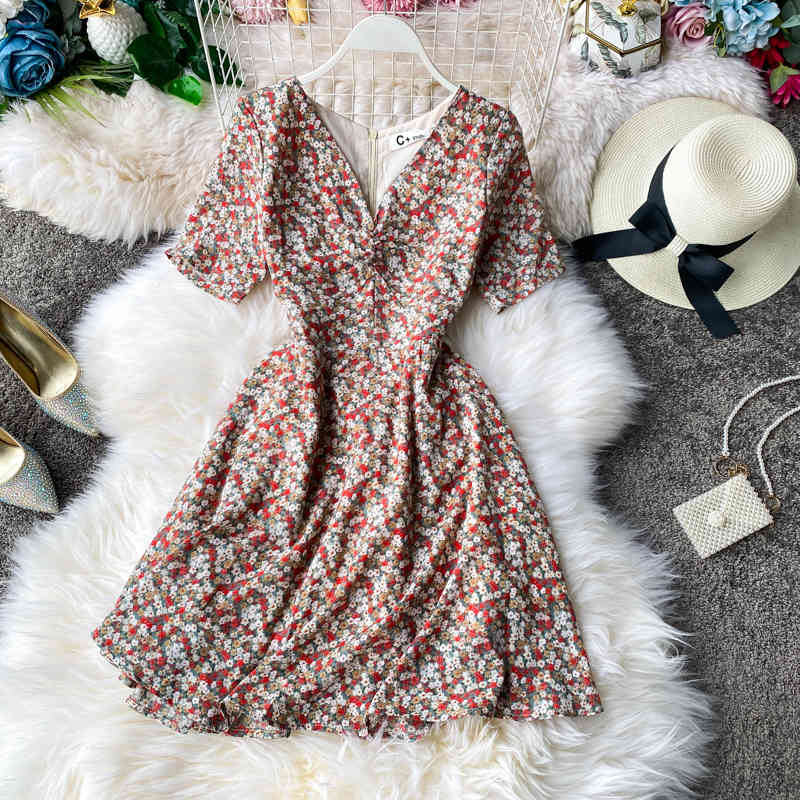 Women Summer Vintage V Neck Short Sleeve Floral Dress Slim High Waist Floral Print Chiffon Short Dress Vestidos 210521