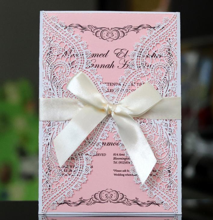 WHITE CHANTILLY LACE Laser Cut Wrap Invitation - White Laser Cut Wedding Invitation with Blush Shimmer Insert and Burgundy Ribbon fast ship