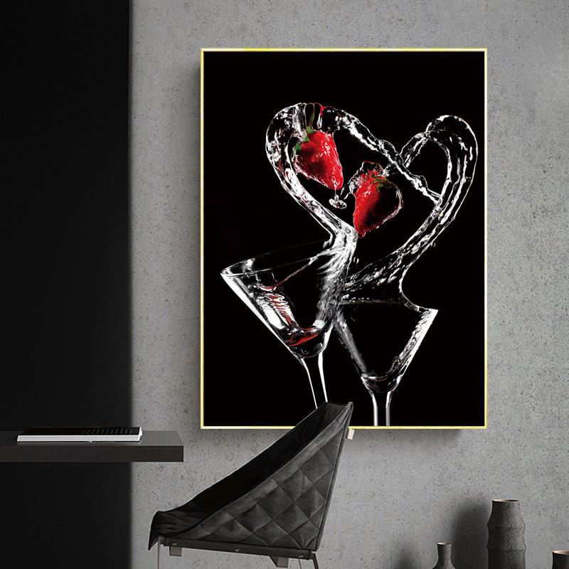 Romantic Wine Glasses Strawberry Pictures Canvas Paintings Wall Art Gallery Dining Room Bar Home Decoration Posters