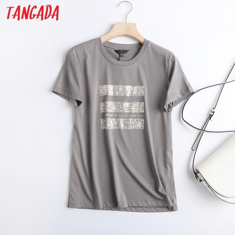 Women Gray Print Cotton T Short Sleeve O Neck Tees Ladies Casual Tee Shirt Street Wear Top 6D09 210416