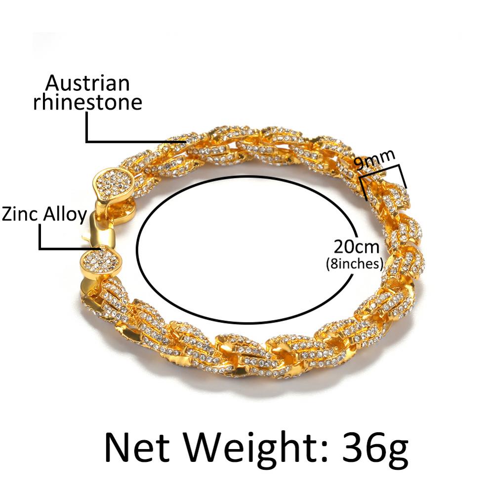 Hip Hop jewelry Full Austrian Rhinestone Paved Bling Iced Out Round Rope Twist Chain Bracelets for Men Rapper gifts Rose Gold Color