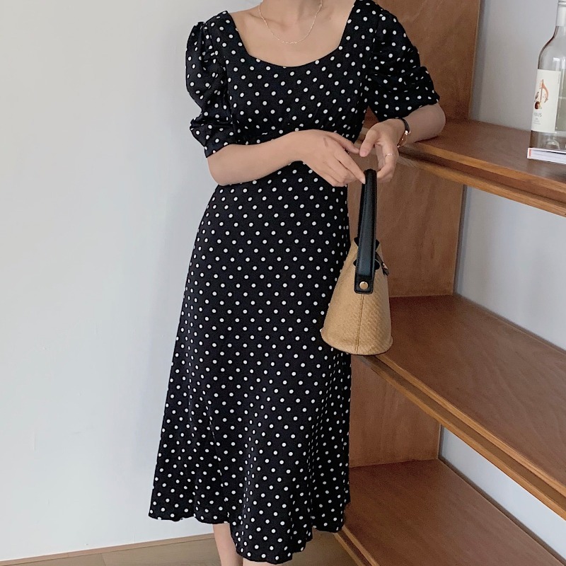 Polka Dot Women Dress Summer Robe A Line Korean Temperament Vestidos Mujer Vintage Office Lady Slim Elegant Maxi Dresses 210519