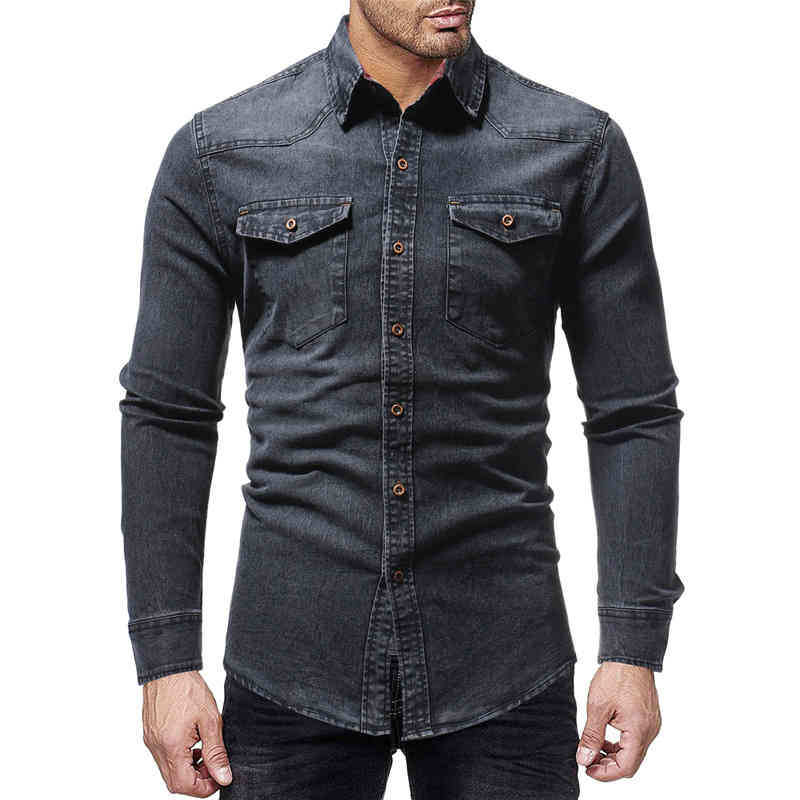 TANG Black Denim Shirt Men Casual Fit Slim Long Sleeve Shirts Autumn Cotton Jeans Dress Shirt Mens Clothing Plue Size 210410