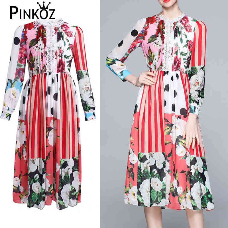 celebrity polka dot flower printed boho summer dress for women patchwork lace ruched A-line holiday midi robe plus size z 210421