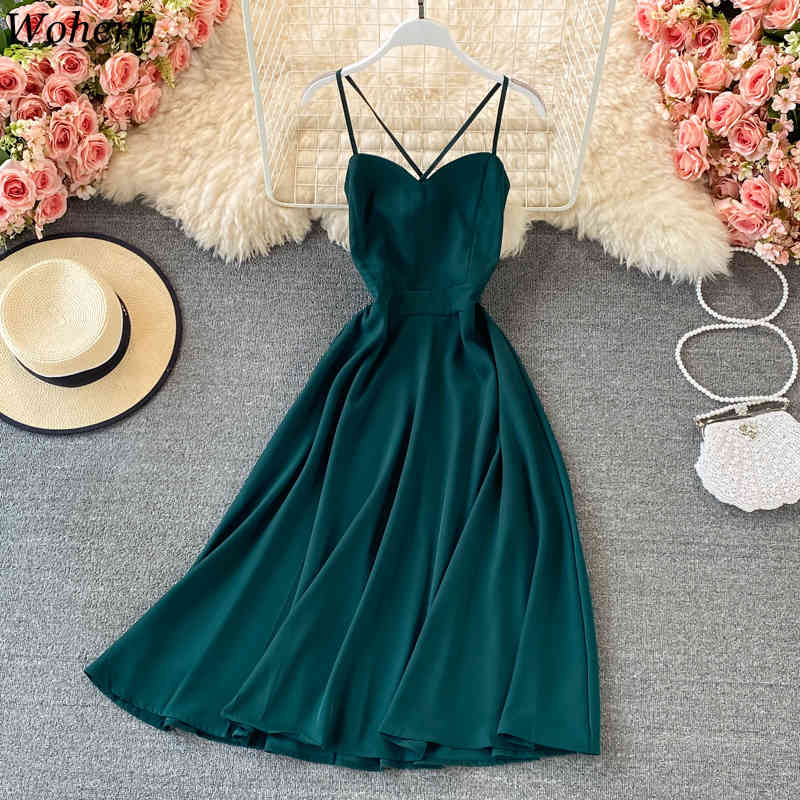 Maxi Dresses Mujer Summer Robe Sexy Lady Backless Cross Sling Vestidos Korean Elegant Temperament Party Dress Women 210519