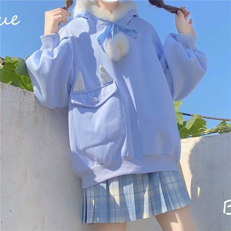 QWEEK Bunny Ears Hoodies Women Fall Bunny Jacket Japanese Sweets Kawaii Rabbit Ears Pink Hoodie For Girls Egirl Harajuku Egirls 211008