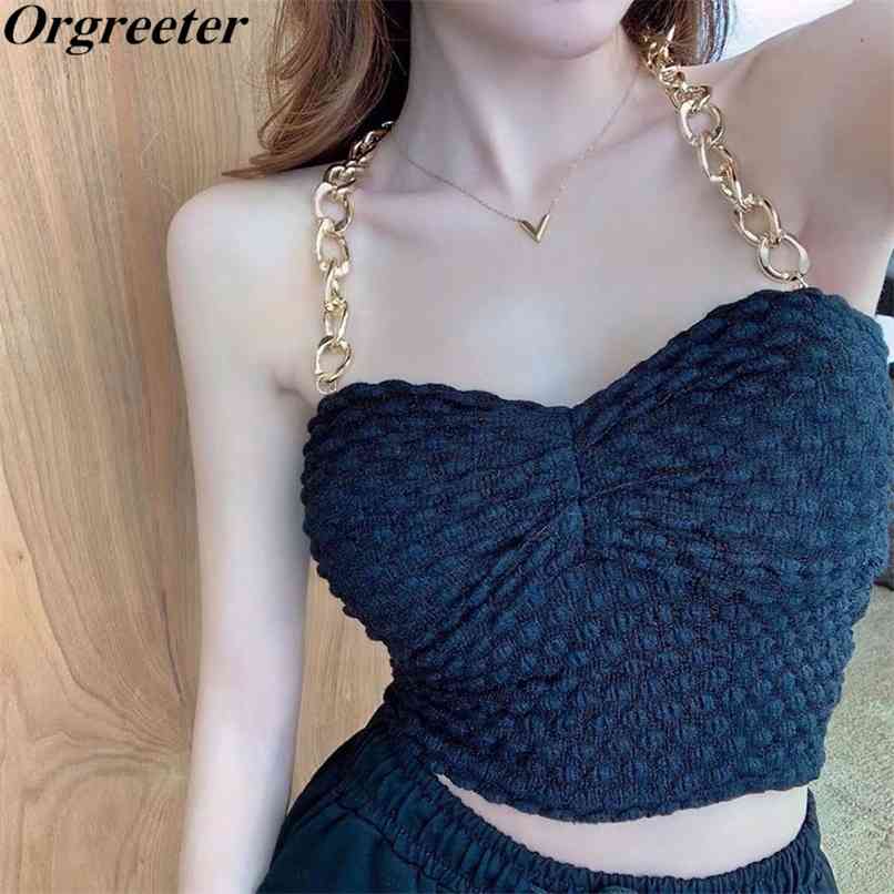 Summer Sexy Chain Neck Women Stylish Sling Camisole Stretchy Cropped Top Solid Color All Matching Bottom Breast wrap 210602, Black