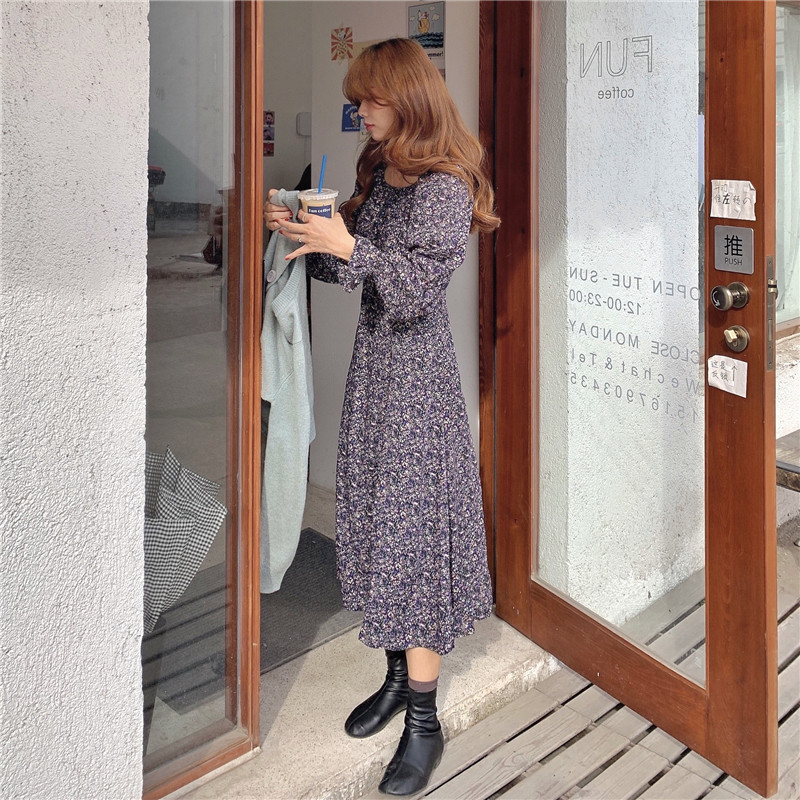 Spring Autumn Women Ladies Sleeve Boho Chiffon Floral Print Robe Medium Long T-Shirt Dress T0D22C 210416