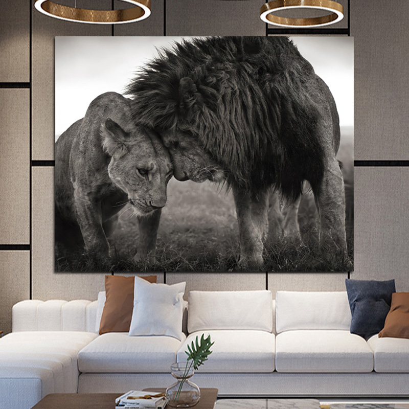 Lion head to head black and white canvas art fashion painting posters and prints Scandinavian Cuadros wall art pictures living room interior minimalis