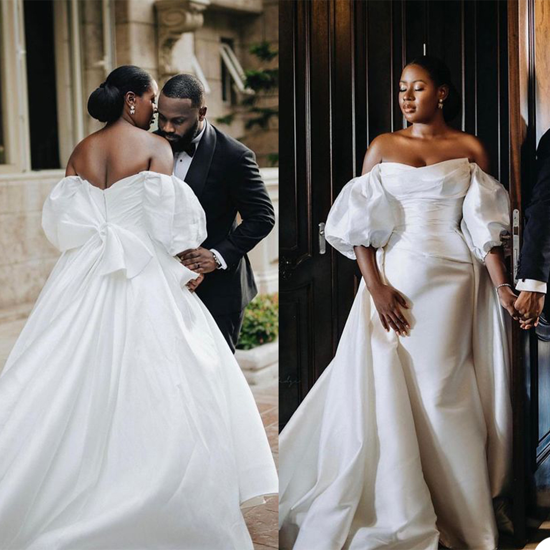 Simple Satin Mermaid Wedding Dress with Detachable Train Short Sleeve Off Shoulder Bridal Gowns robes de mariée Pastels Ruched Bride Dresses