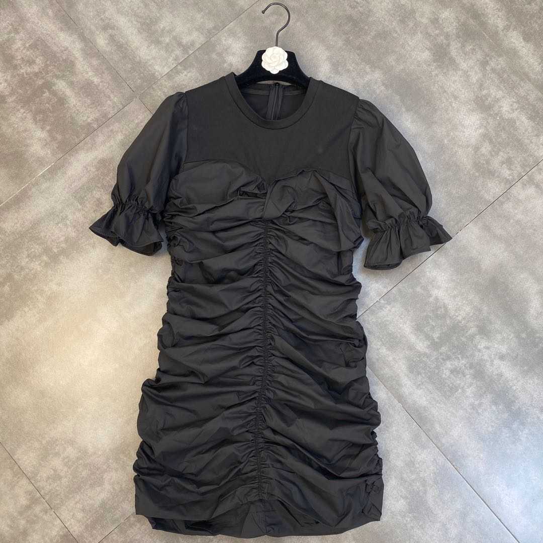 DEAT Women Pleated Ruffles Short Dress Round Neck Short Sleeve Arrivals Lady Temperament Fashion Spring Summer 11D1255 210709