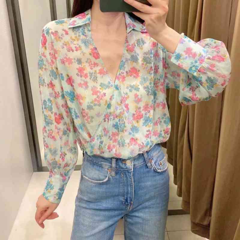 Summer Women Floral Print Cross V Neck Chiffon Short Blouse Female Long Sleeve Shirt Casual Lady Loose Crop Tops Blusas S8956 210430