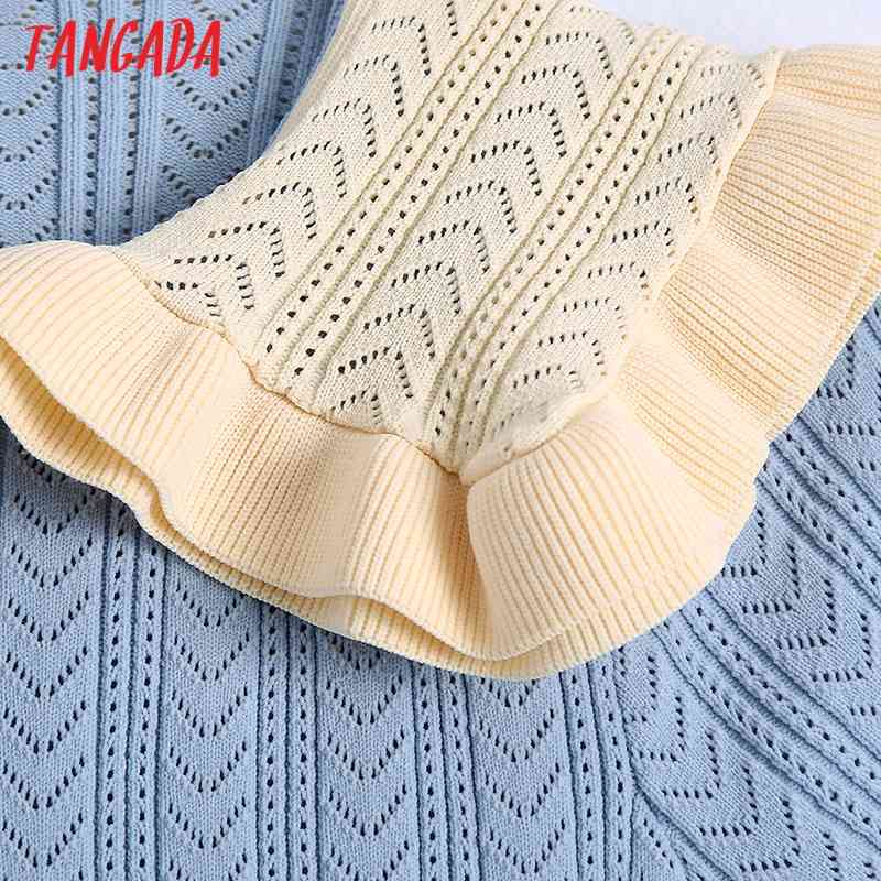 Women Blue Ruffled Cropped Knitted Sweater Patchwork Collar Short Sleeve Female Pullovers Chic Tops BE476 210416